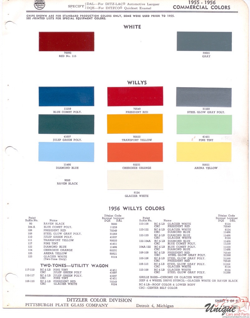 1955 Willys Fleet Paint Charts PPG 1